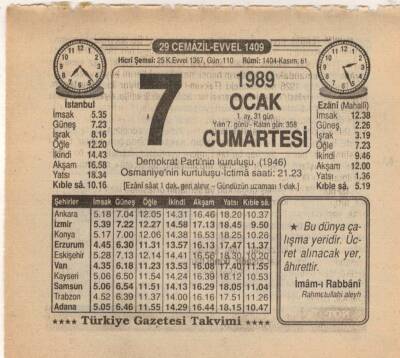 7 Ocak 1989 Takvim Yaprağı EFM(N)4715 - 1