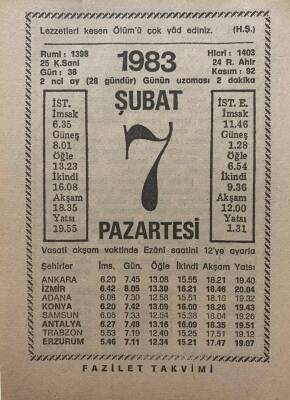 7 Şubat 1983 Takvim Yaprağı - Doğum Günü Hediyesi EFM(N)7804 - 1