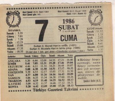 7 Şubat 1986 Takvim Yaprağı EFM(N)5218 - 1