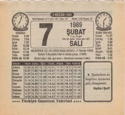 7 Şubat 1989 Takvim Yaprağı EFM(N)5359 - 1