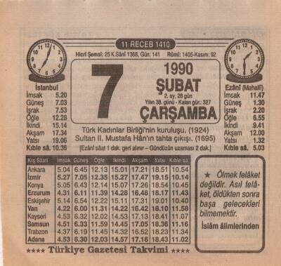 7 Şubat 1990 Takvim Yaprağı EFM(N)5190 - 1