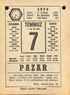 7 Temmuz 1974 Takvim Yaprağı - Doğum Günü Hediyesi EFM(N)12124 - 1