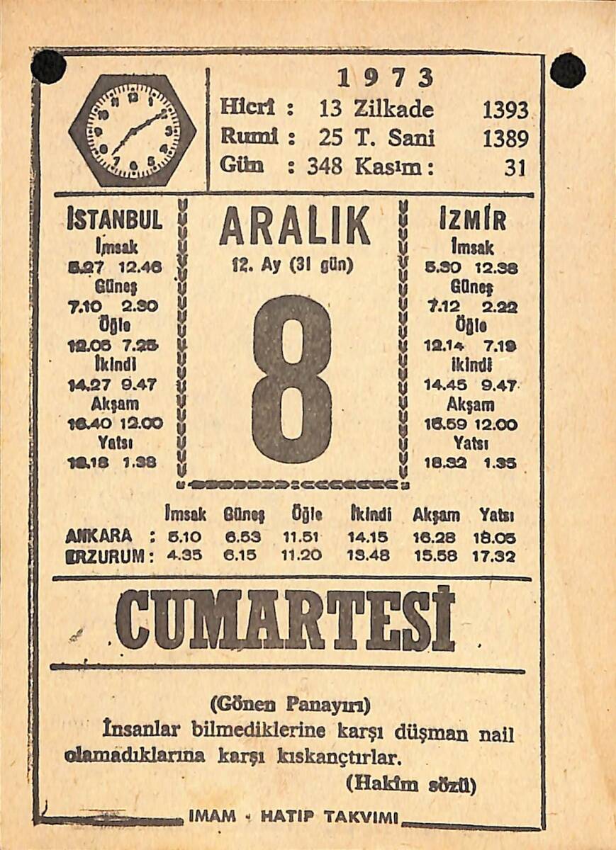 8 Aralık 1973 Takvim Yaprağı - Doğum Günü Hediyesi EFMN13678 - 1