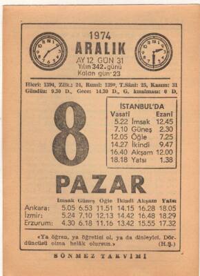 8 Aralık 1974 Takvim Yaprağı EFM(N)4290 - 3