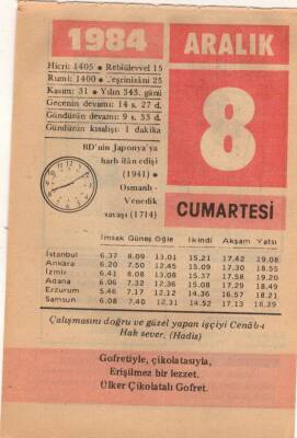 8 Aralık 1984 Takvim Yaprağı EFM(N)4167 - 3