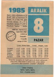 8 Aralık 1985 Takvim Yaprağı EFM(N)4105 - 1