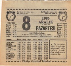 8 Aralık 1986 Takvim Yaprağı EFM(N)4320 - 3