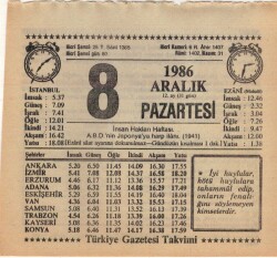 8 Aralık 1986 Takvim Yaprağı EFM(N)4320 - 1