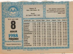 8 Aralık 1988 Takvim Yaprağı EFM(N)4474 - 3