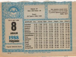 8 Aralık 1988 Takvim Yaprağı EFM(N)4474 - 1