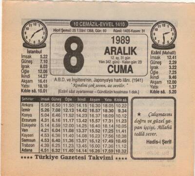 8 Aralık 1989 Takvim Yaprağı EFM(N)4198 - 2