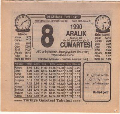 8 Aralık 1990 Takvim Yaprağı EFM(N)4136 - 3