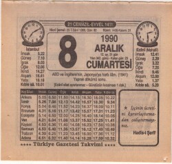 8 Aralık 1990 Takvim Yaprağı EFM(N)4136 - 1