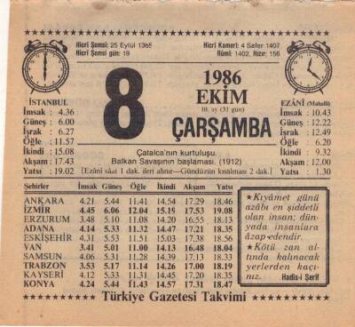 8 Ekim 1986 Takvim Yaprağı EFM(N)3071 - 3