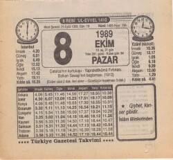 8 Ekim 1989 Takvim Yaprağı EFM(N)3102 - 3