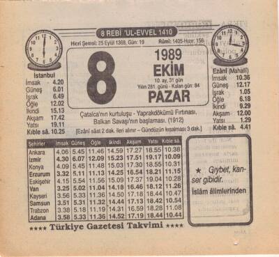 8 Ekim 1989 Takvim Yaprağı EFM(N)3102 - 1