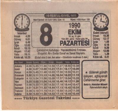 8 Ekim 1990 Takvim Yaprağı EFM(N)3133 - 3