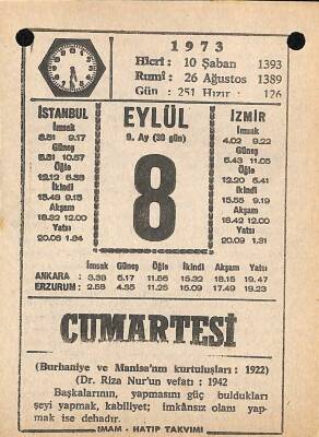 8 Eylül 1973 Takvim Yaprağı - Doğum Günü Hediyesi EFM(N)9854 - 1