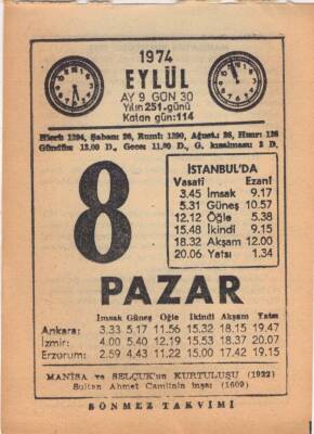 8 Eylül 1974 Takvim Yaprağı EFM(N)2660 - 3