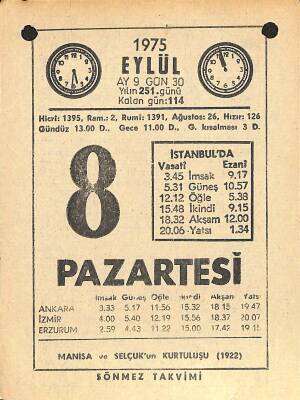 8 Eylül 1975 Takvim Yaprağı - Doğum Günü Hediyesi EFM(N)12488 - 1