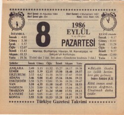 8 Eylül 1986 Takvim Yaprağı EFM(N)2663 - 3