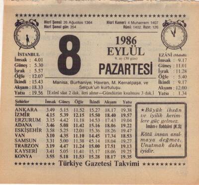 8 Eylül 1986 Takvim Yaprağı EFM(N)2663 - 1