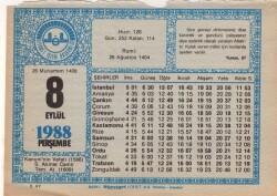 8 Eylül 1988 Takvim Yaprağı EFM(N)2664 - 3