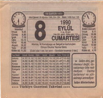 8 Eylül 1990 Takvim Yaprağı EFM(N)2666 - 3