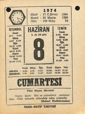 8 Haziran 1974 Takvim Yaprağı - Doğum Günü Hediyesi EFM(N)11967 - 1