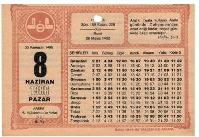 8 Haziran 1986 Takvim Yaprağı EFM1053 - 1