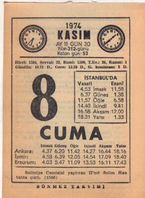 8 Kasım 1974 Takvim Yaprağı EFM(N)3318 - 3