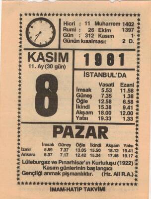 8 Kasım 1981 Takvim Yaprağı EFM(N)4260 - 3