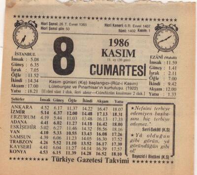 8 Kasım 1986 Takvim Yaprağı EFM(N)3408 - 3