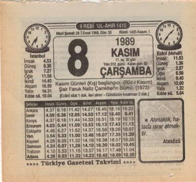 8 Kasım 1989 Takvim Yaprağı EFM(N)3468 - 3