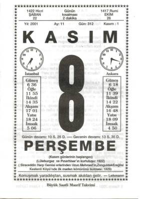 8 Kasım 2001 Takvim Yaprağı Doğum Günü Hediyesi EFM(N)3993 - 3