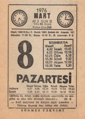 8 Mart 1976 Takvim Yaprağı EFM(N)5949 - 2