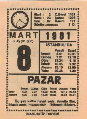 8 Mart 1981 Takvim Yaprağı EFM(N)6010 - 3