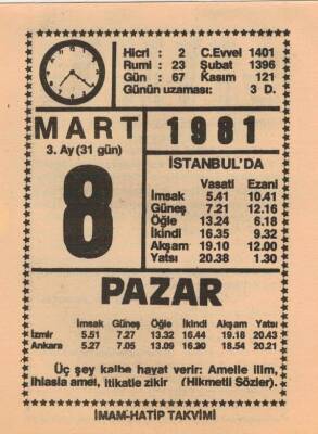 8 Mart 1981 Takvim Yaprağı EFM(N)6010 - 2