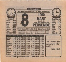 8 Mart 1990 Takvim Yaprağı EFM(N)5980 - 3