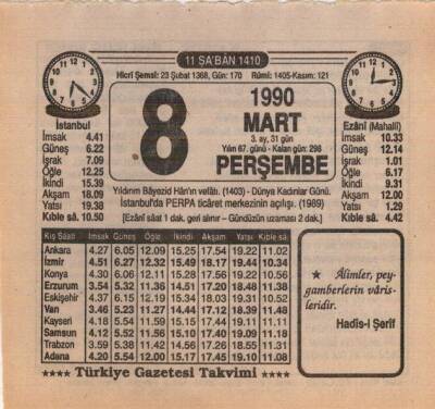 8 Mart 1990 Takvim Yaprağı EFM(N)5980 - 3