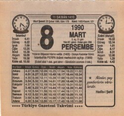 8 Mart 1990 Takvim Yaprağı EFM(N)5980 - 1