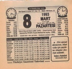 8 Mart 1993 Takvim Yaprağı EFM(N)6040 - 1