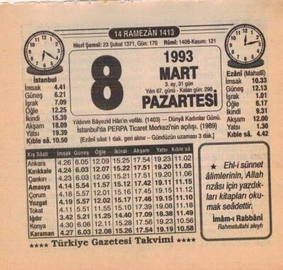 8 Mart 1993 Takvim Yaprağı EFM(N)6040 - 1