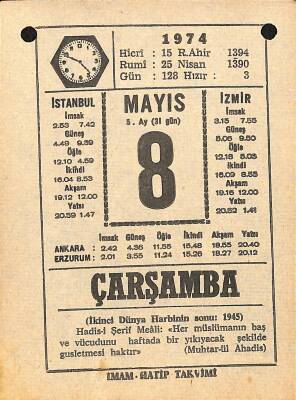 8 Mayıs 1974 Takvim Yaprağı - Doğum Günü Hediyesi EFM(N)12322 - 1