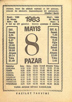 8 Mayıs 1983 Takvim Yaprağı - Doğum Günü Hediyesi EFM(N)12155 - 1