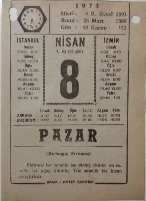 8 Nisan 1973 Takvim Yaprağı - Doğum Günü Hediyesi EFM(N)8105 - 2