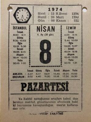 8 Nisan 1974 Takvim Yaprağı - Doğum Günü Hediyesi EFM(N)8165 - 2