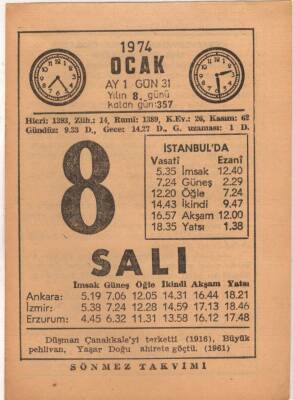 8 Ocak 1974 Takvim Yaprağı EFM(N)4871 - 1