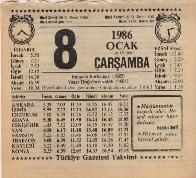 8 Ocak 1986 Takvim Yaprağı EFM(N)5026 - 1