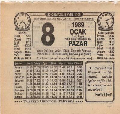 8 Ocak 1989 Takvim Yaprağı EFM(N)4716 - 1